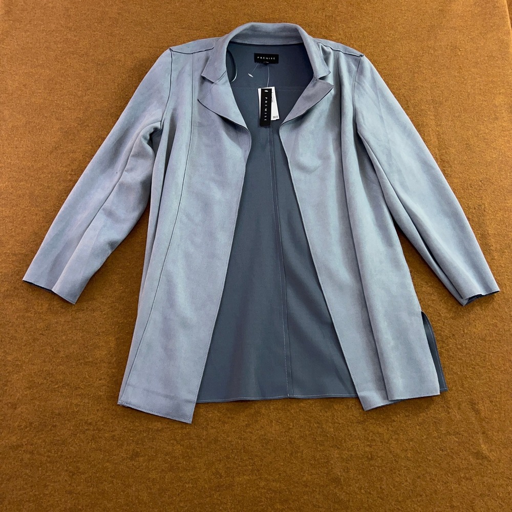 Premise Womens Large Blue Mist Faux Leather Open Front Blazer Jacket NWT *Flaw